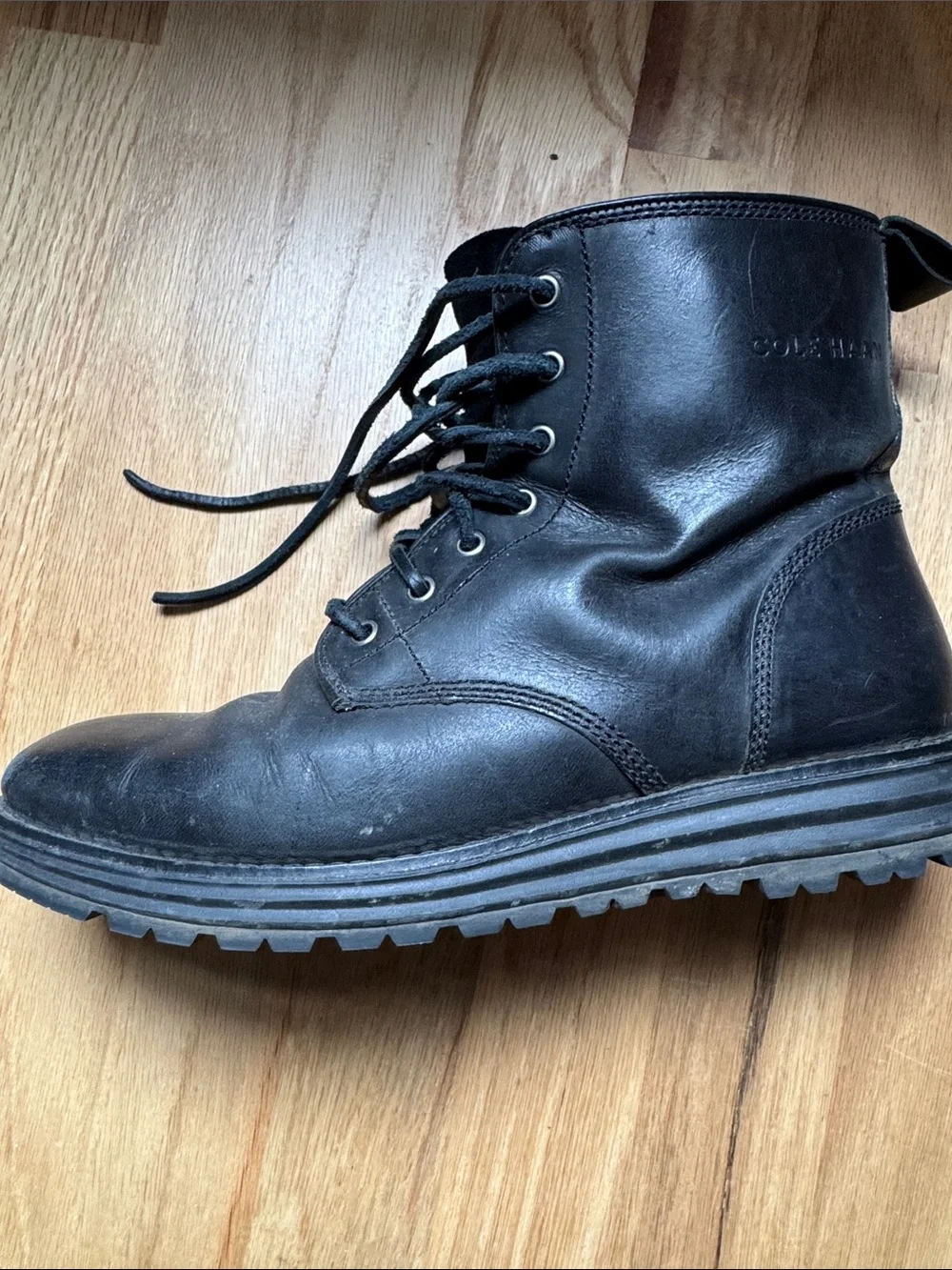 Cole Haan Black Leather Lace-Up Combat Boots